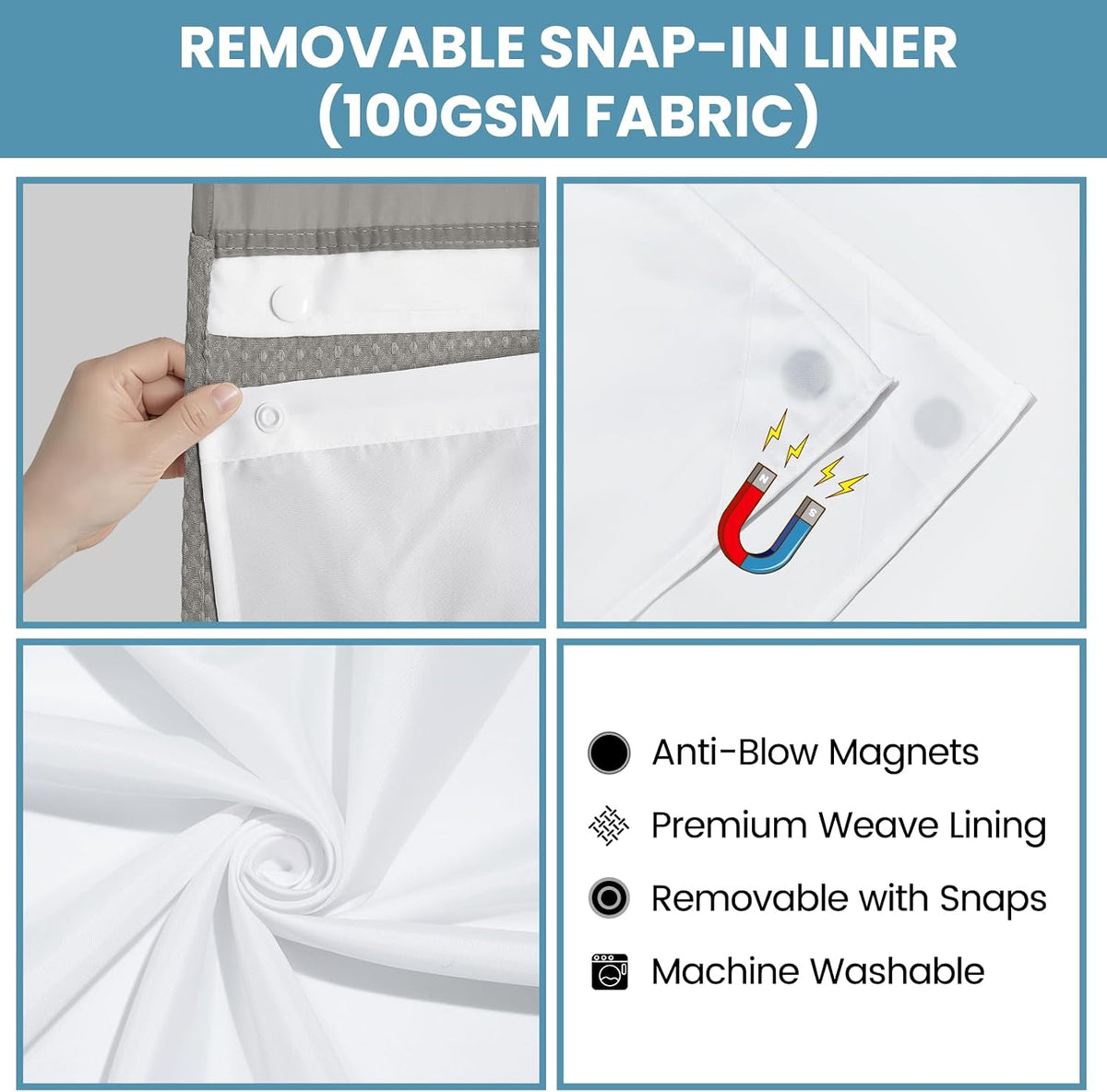 No Hook Waffle Shower Curtain with Snap in Liner Set, 71x74, Grey