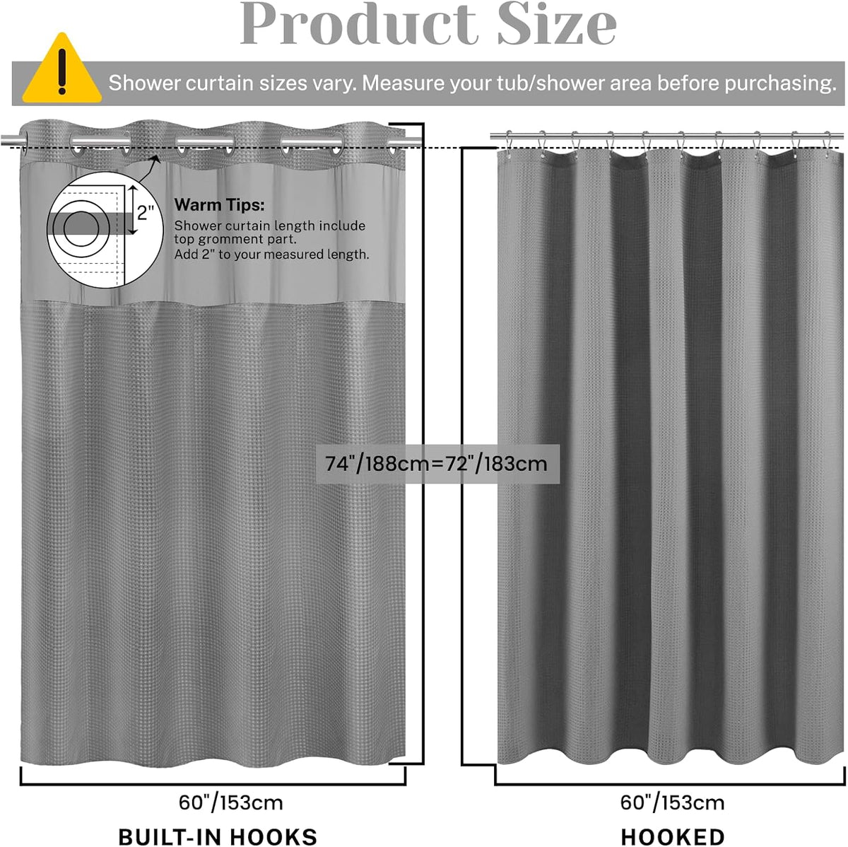 No Hook Waffle Shower Curtain with Snap in Liner Set, 71x74, Grey