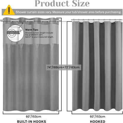 No Hook Waffle Shower Curtain with Snap in Liner Set, 71x74, Grey