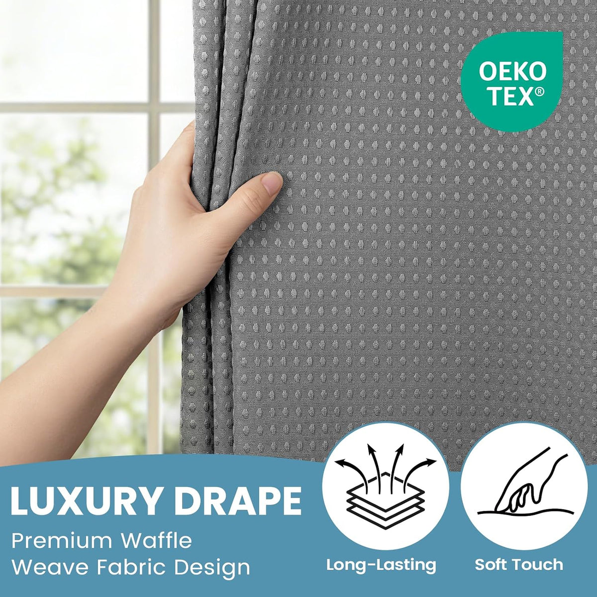 No Hook Waffle Shower Curtain with Snap in Liner Set, 71x74, Grey