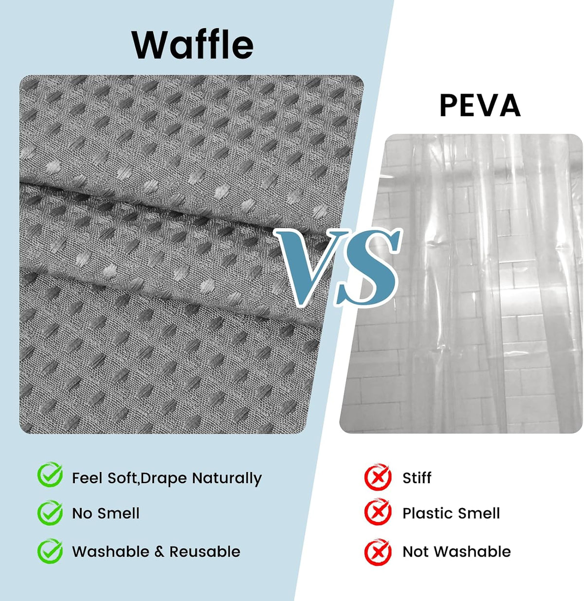 No Hook Waffle Shower Curtain with Snap in Liner Set, 71x74, Grey