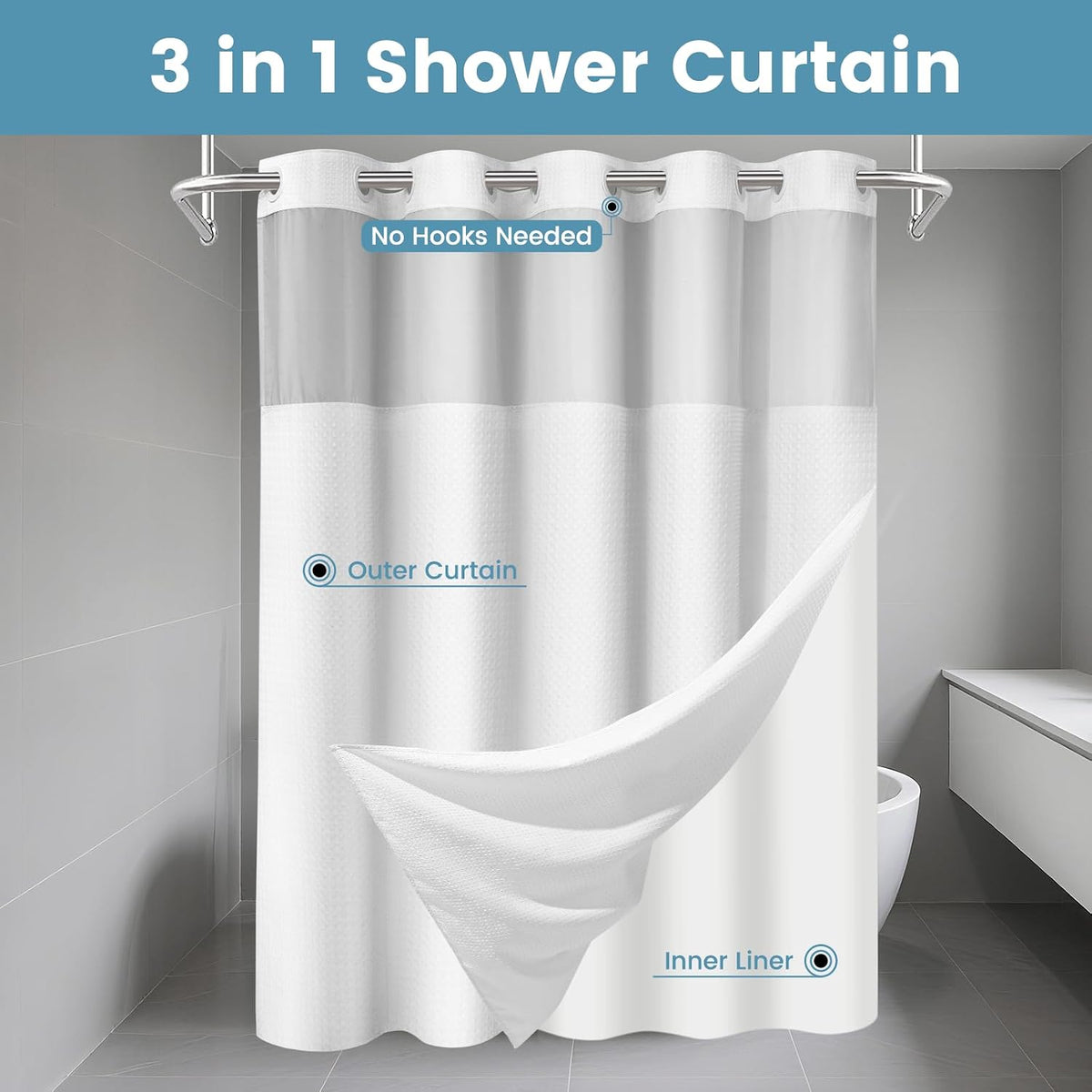 No Hook Waffle Shower Curtain with Snap in Liner Set, 71x74, Grey
