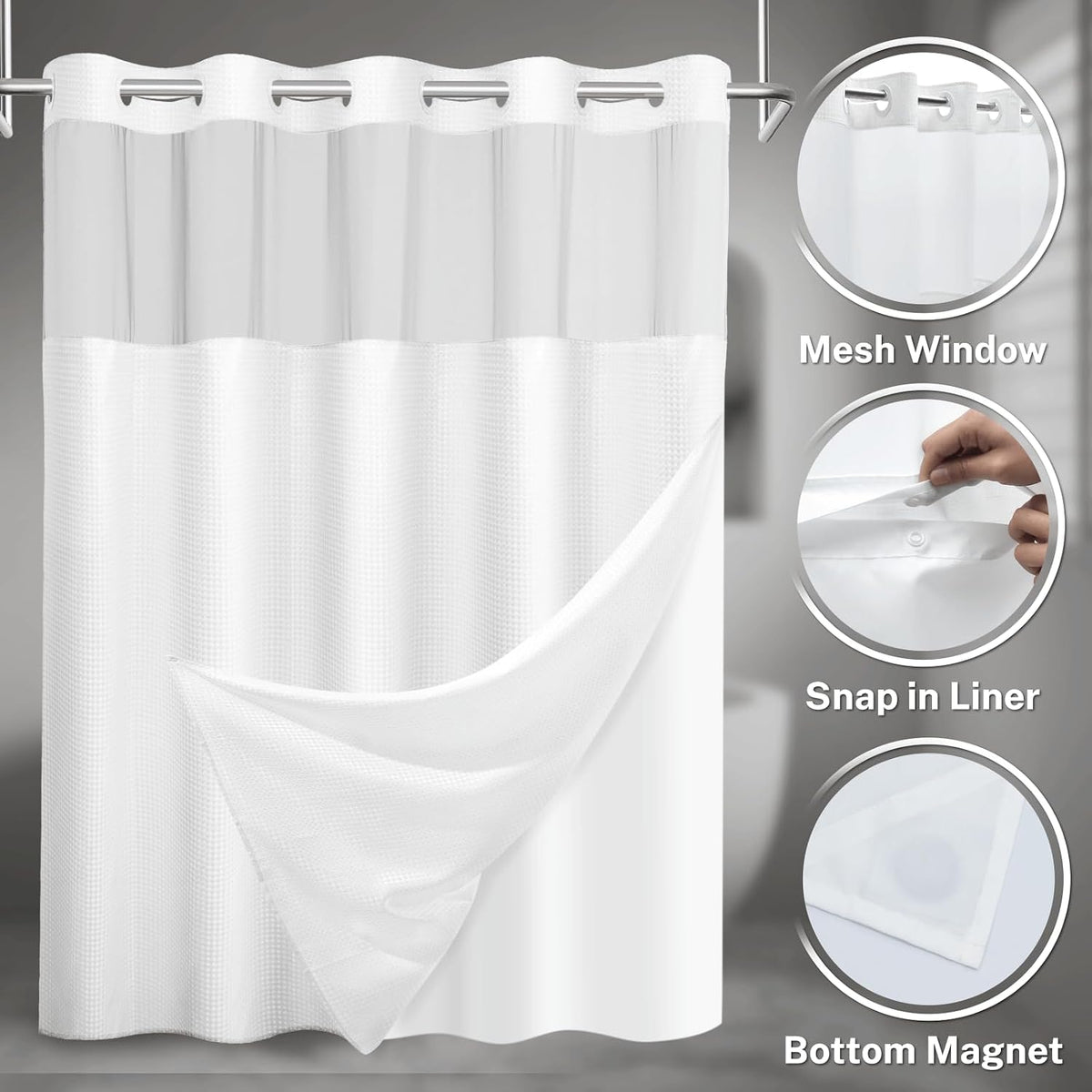 No Hook Waffle Shower Curtain with Snap in Liner Set, 71x74, Grey