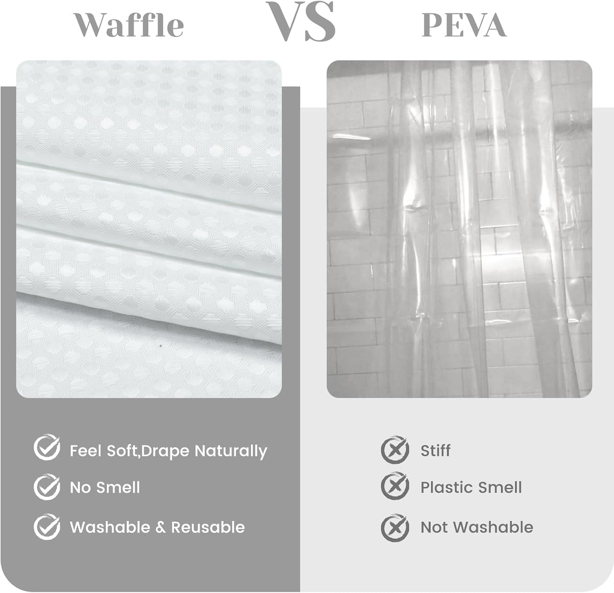No Hook Waffle Shower Curtain with Snap in Liner Set, 71x74, Grey