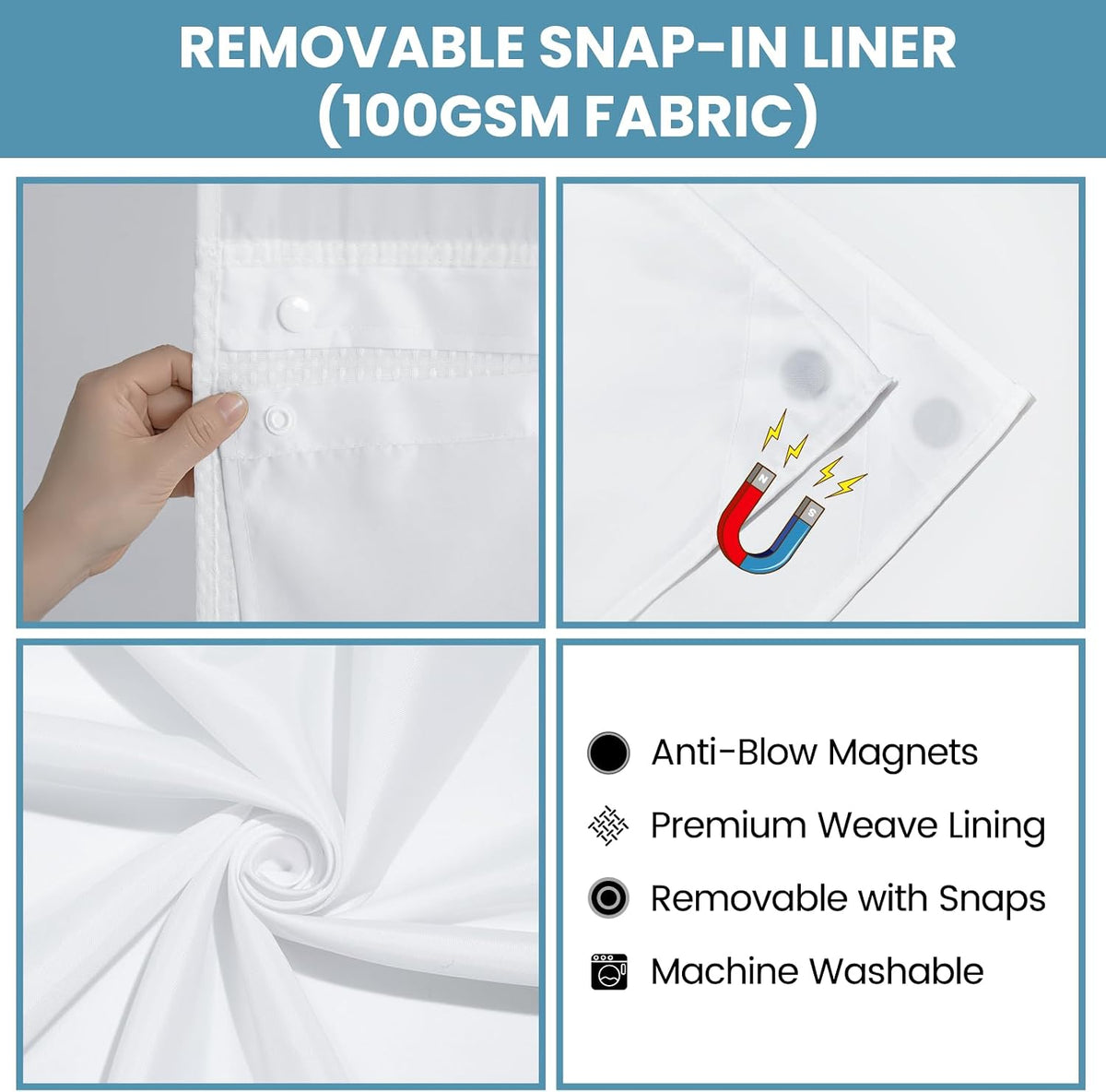 No Hook Waffle Shower Curtain with Snap in Liner Set, 71x74, Grey