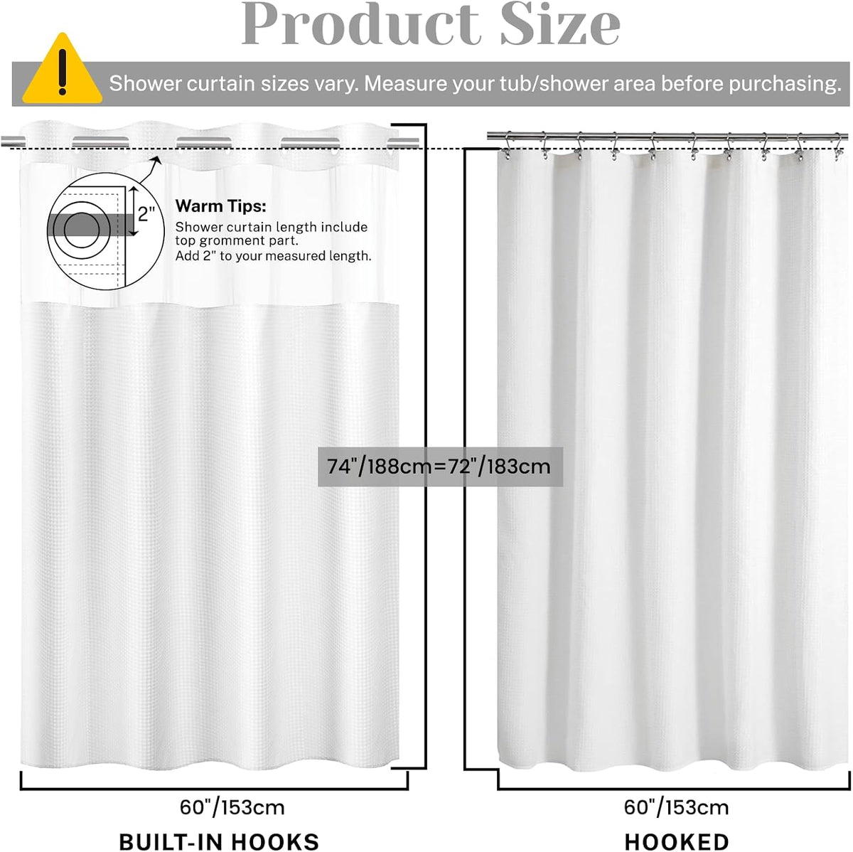 No Hook Waffle Shower Curtain with Snap in Liner Set, 71x74, Grey
