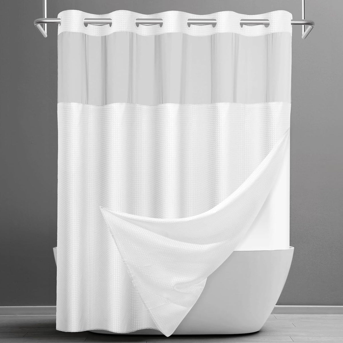 No Hook Waffle Shower Curtain with Snap in Liner Set, 71x74, Grey