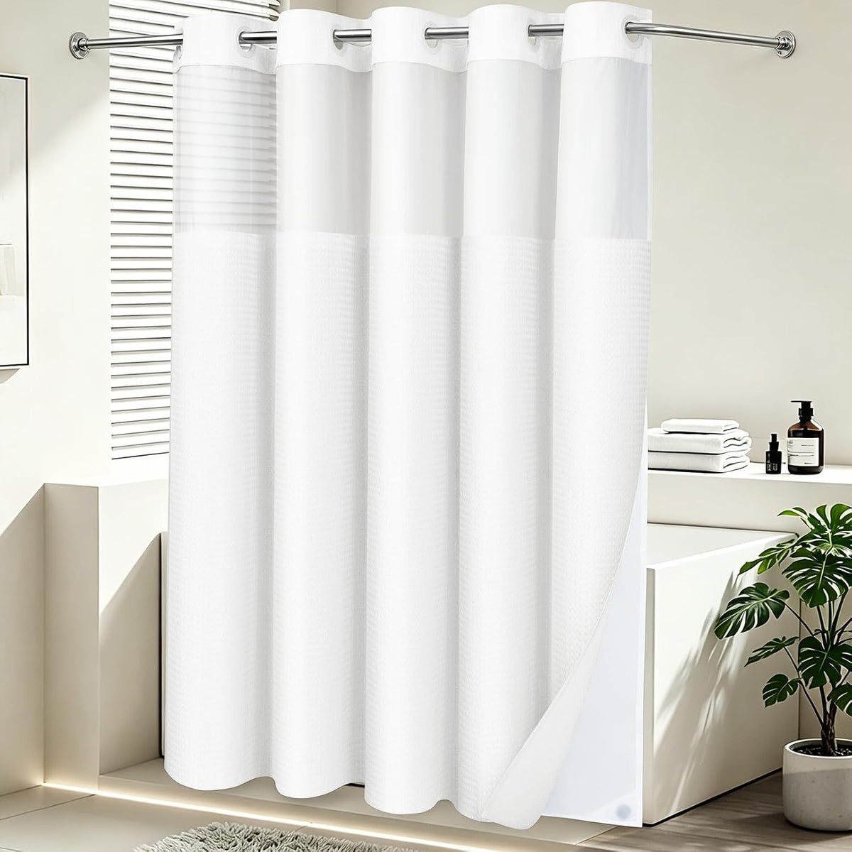 No Hook Waffle Shower Curtain with Snap in Liner Set, 71x74, Grey