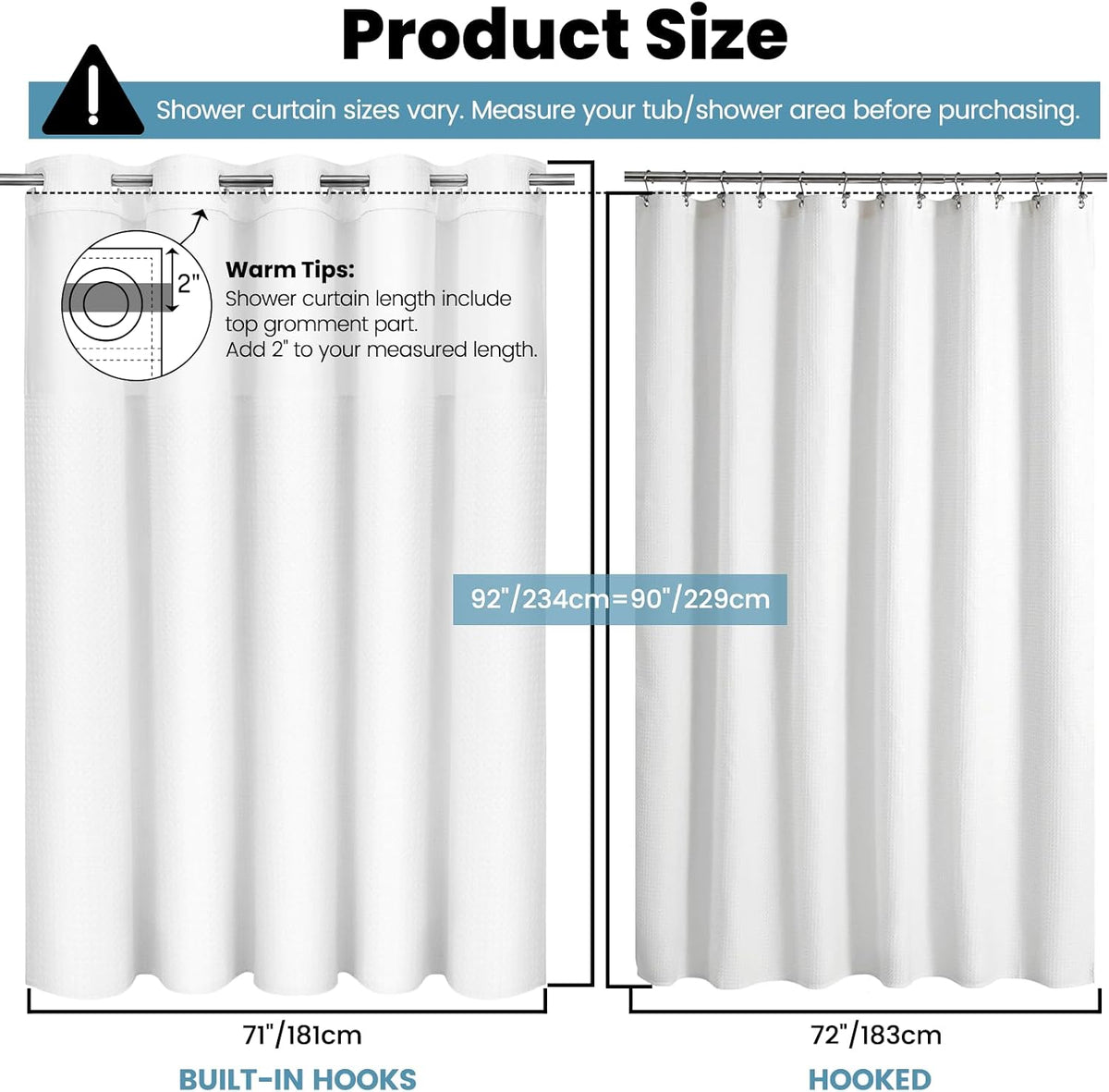 No Hook Waffle Shower Curtain with Snap in Liner Set, 71x74, Grey