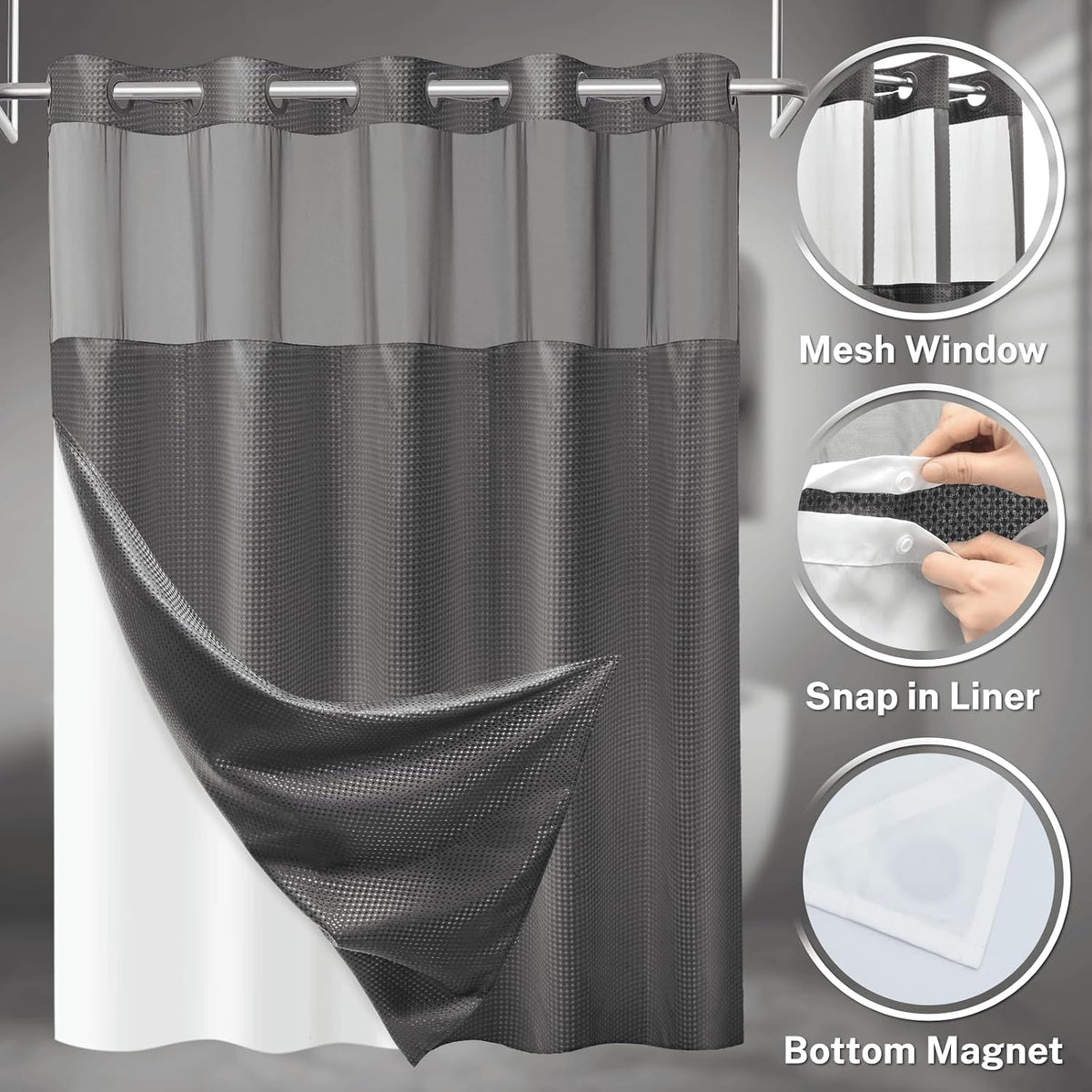 No Hook Waffle Shower Curtain with Snap in Liner Set, 71x74, Grey
