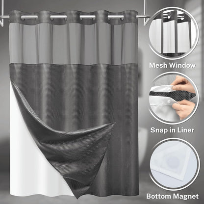 No Hook Waffle Shower Curtain with Snap in Liner Set, 71x74, Grey
