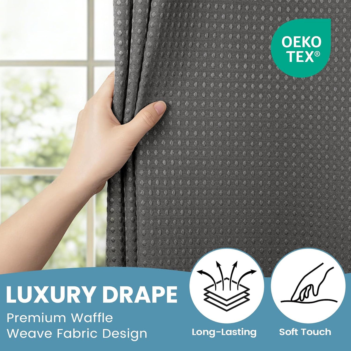 No Hook Waffle Shower Curtain with Snap in Liner Set, 71x74, Grey