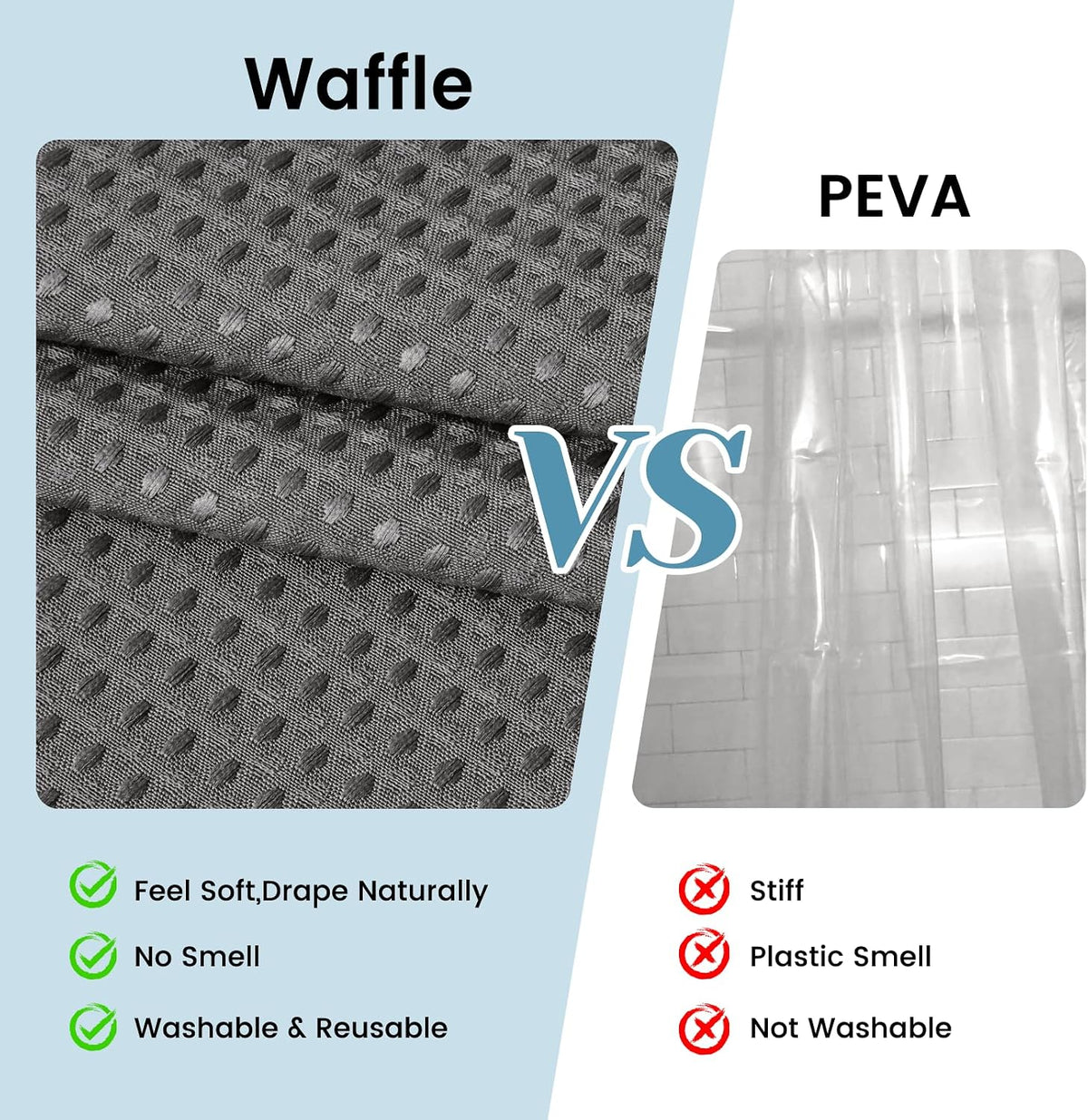 No Hook Waffle Shower Curtain with Snap in Liner Set, 71x74, Grey