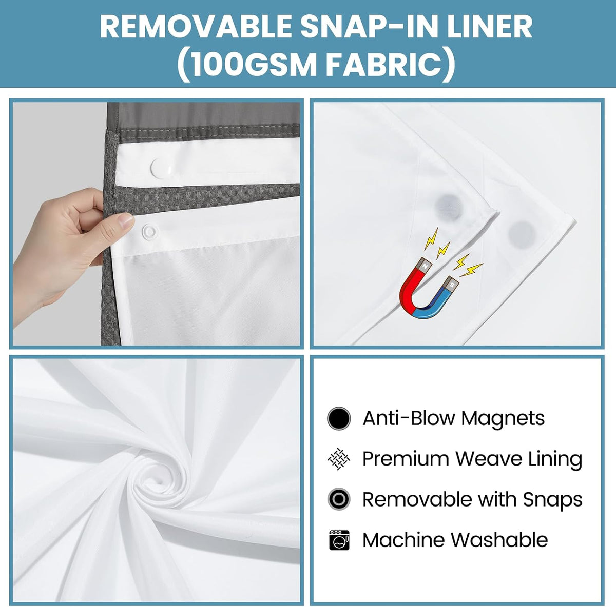 No Hook Waffle Shower Curtain with Snap in Liner Set, 71x74, Grey