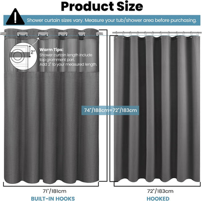 No Hook Waffle Shower Curtain with Snap in Liner Set, 71x74, Grey