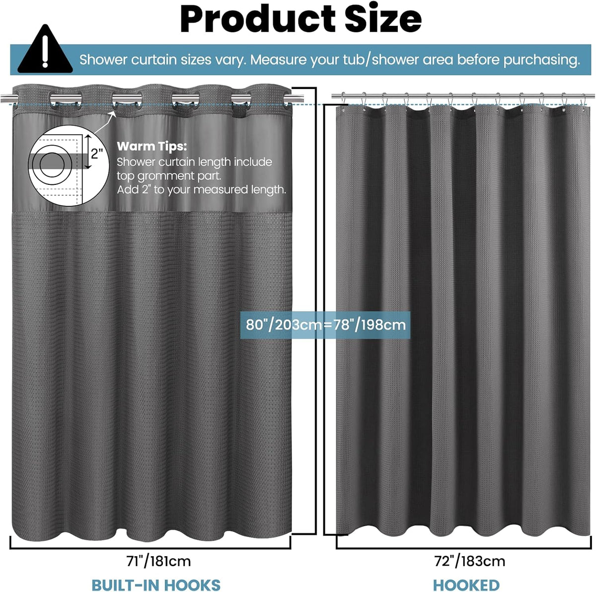 No Hook Waffle Shower Curtain with Snap in Liner Set, 71x74, Grey