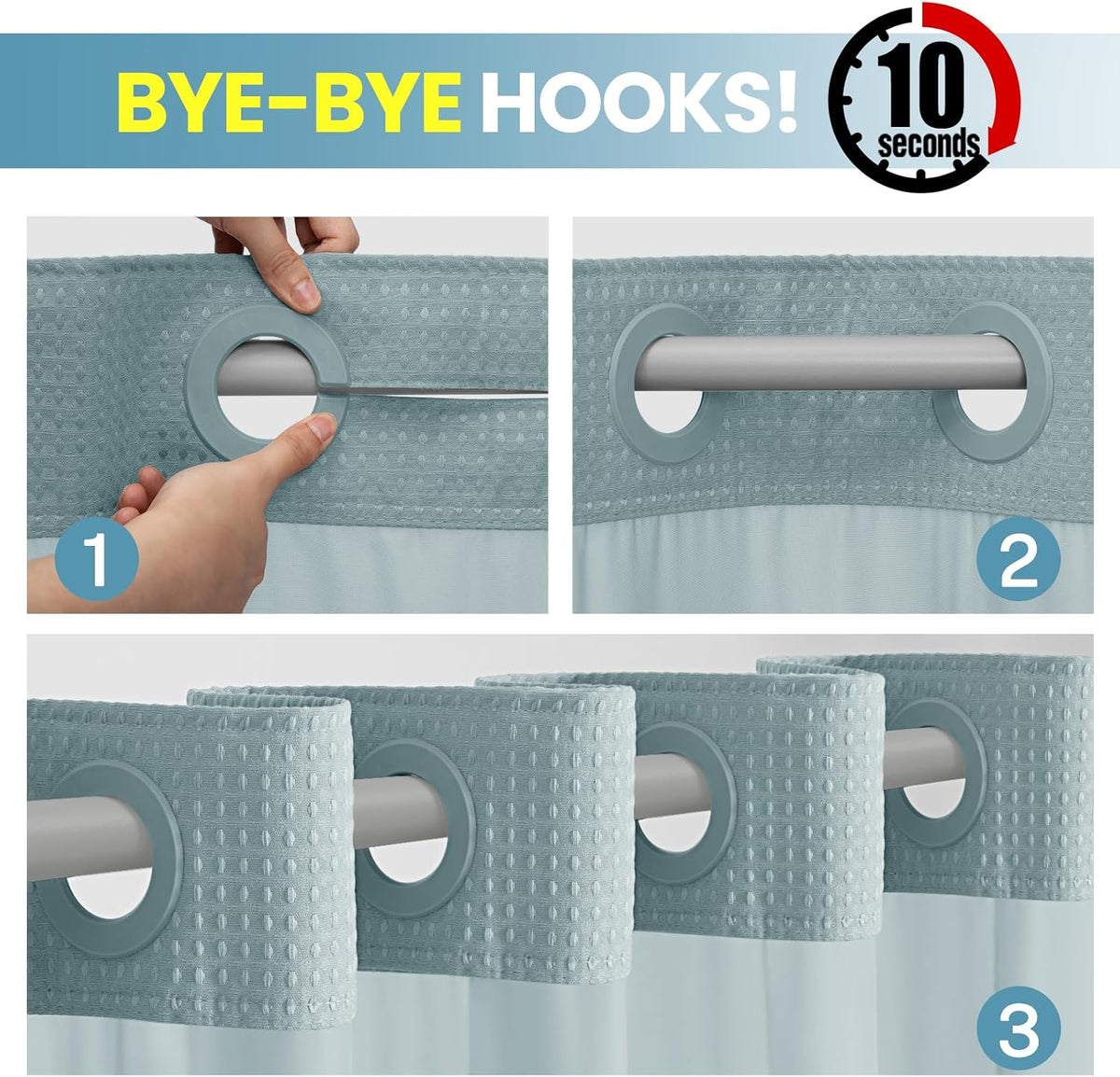 No Hook Waffle Shower Curtain with Snap in Liner Set, 71x74, Grey