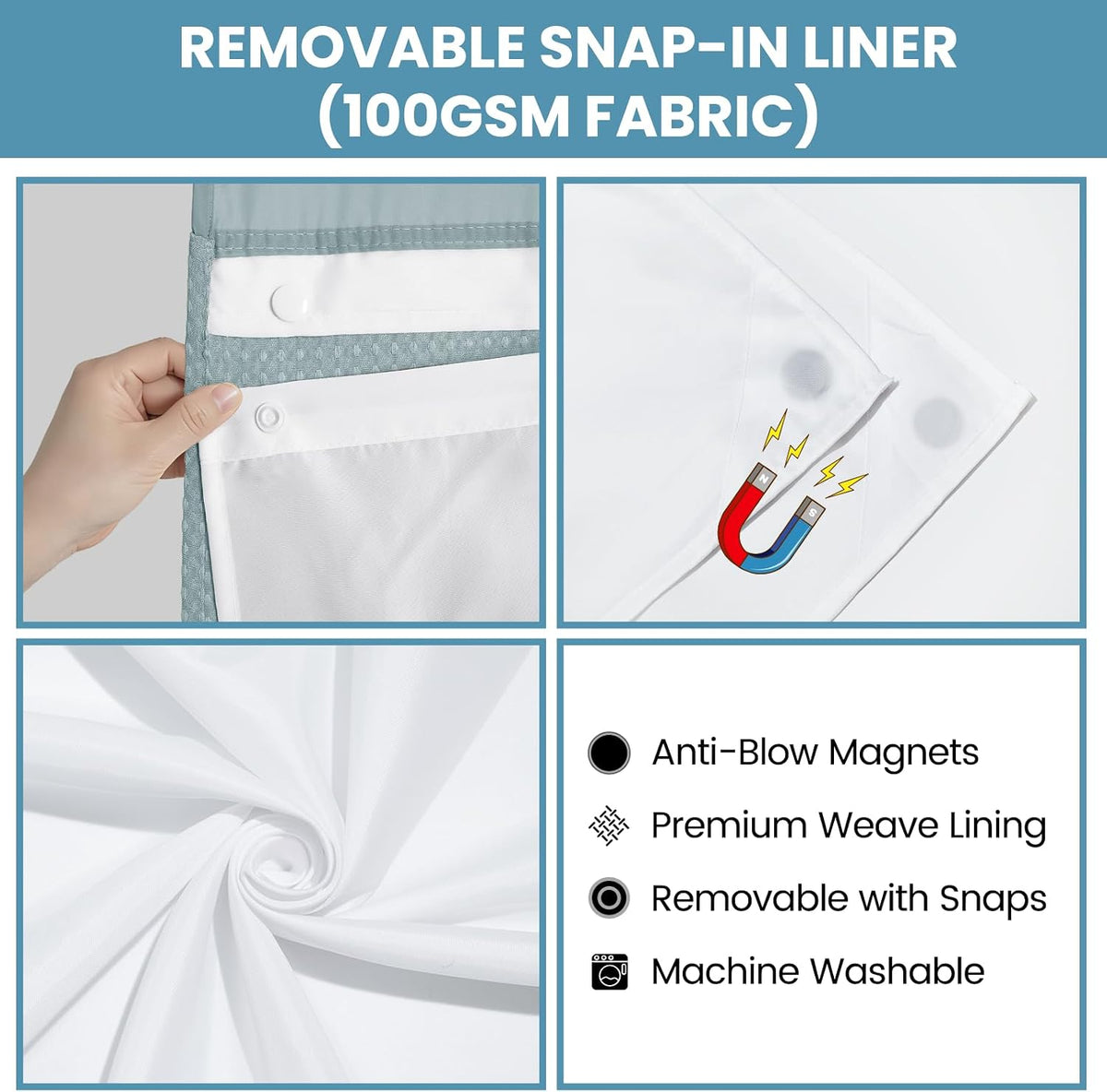 No Hook Waffle Shower Curtain with Snap in Liner Set, 71x74, Grey