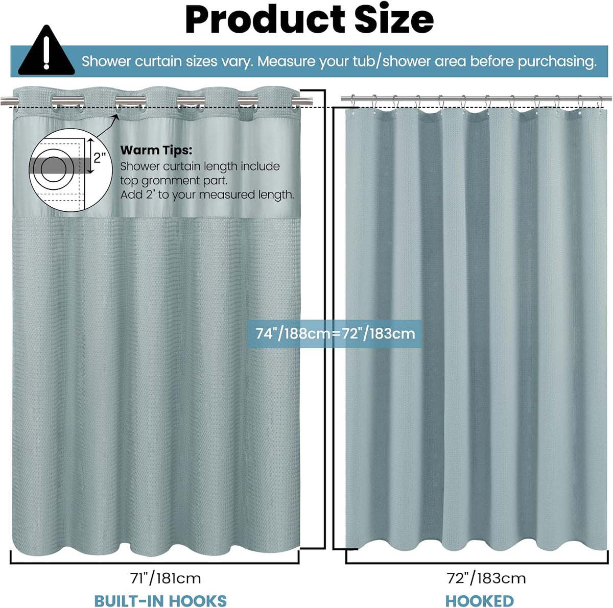 No Hook Waffle Shower Curtain with Snap in Liner Set, 71x74, Grey