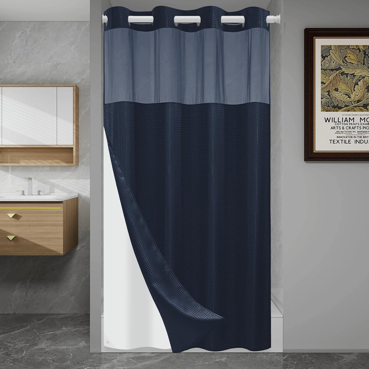 No Hook Waffle Shower Curtain with Snap in Liner Set, 71x74, Grey
