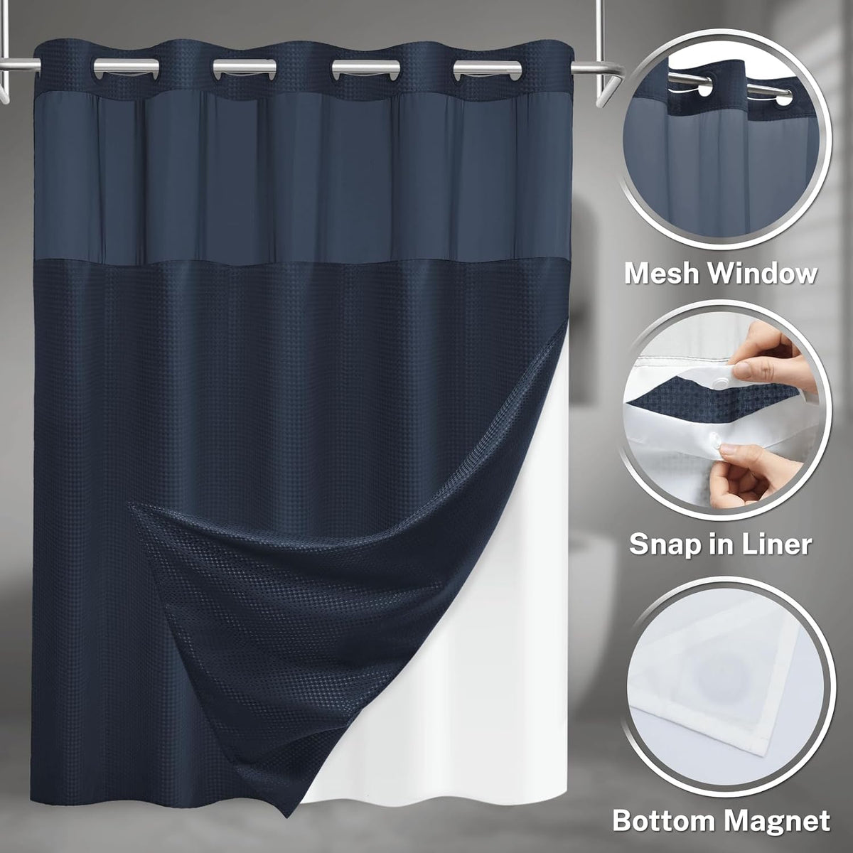 No Hook Waffle Shower Curtain with Snap in Liner Set, 71x74, Grey