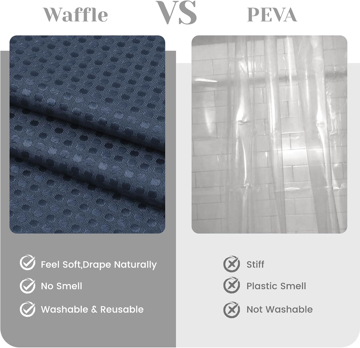 No Hook Waffle Shower Curtain with Snap in Liner Set, 71x74, Grey