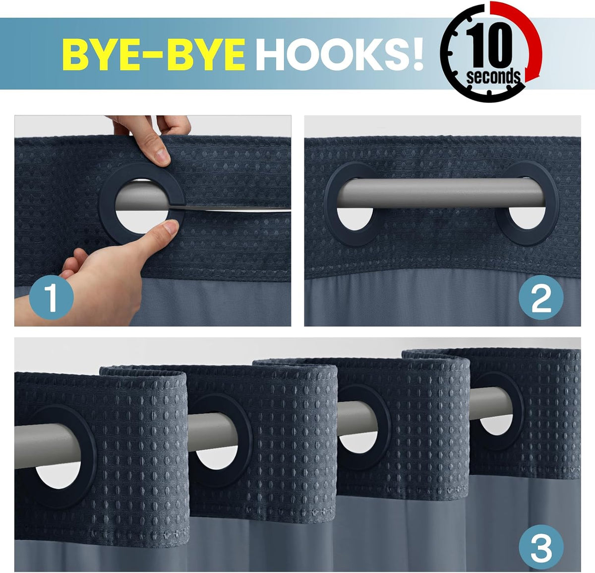 No Hook Waffle Shower Curtain with Snap in Liner Set, 71x74, Grey