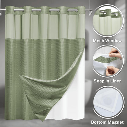 No Hook Waffle Shower Curtain with Snap in Liner Set, 71x74, Grey