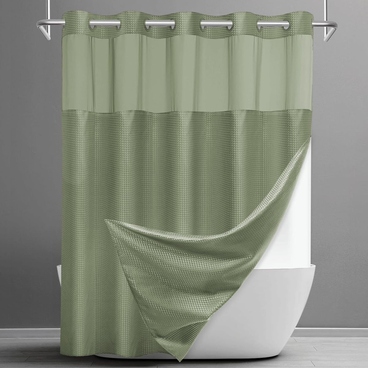 No Hook Waffle Shower Curtain with Snap in Liner Set, 71x74, Grey