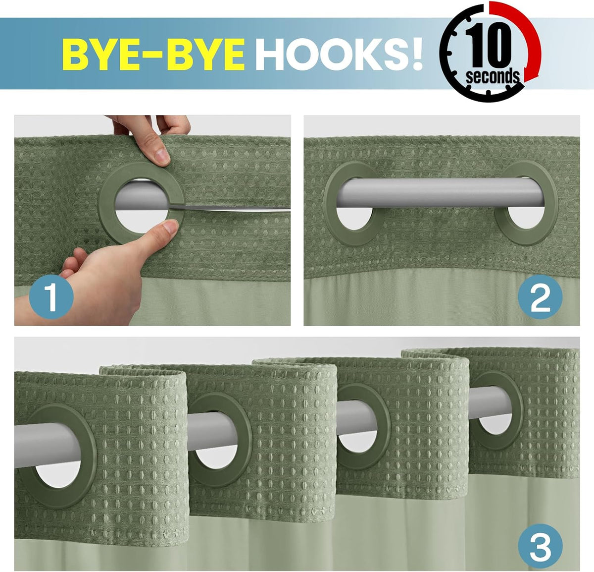 No Hook Waffle Shower Curtain with Snap in Liner Set, 71x74, Grey
