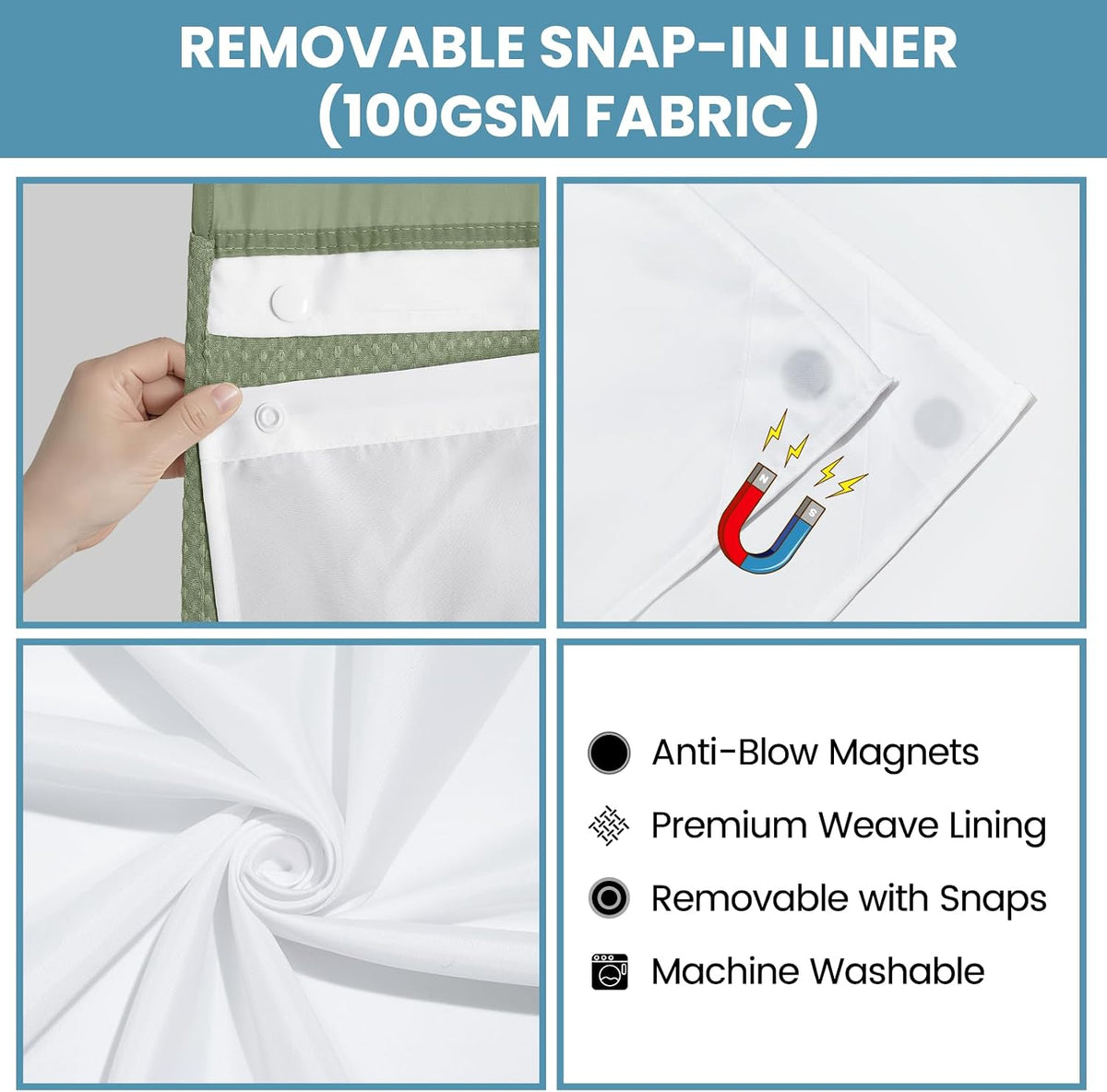 No Hook Waffle Shower Curtain with Snap in Liner Set, 71x74, Grey