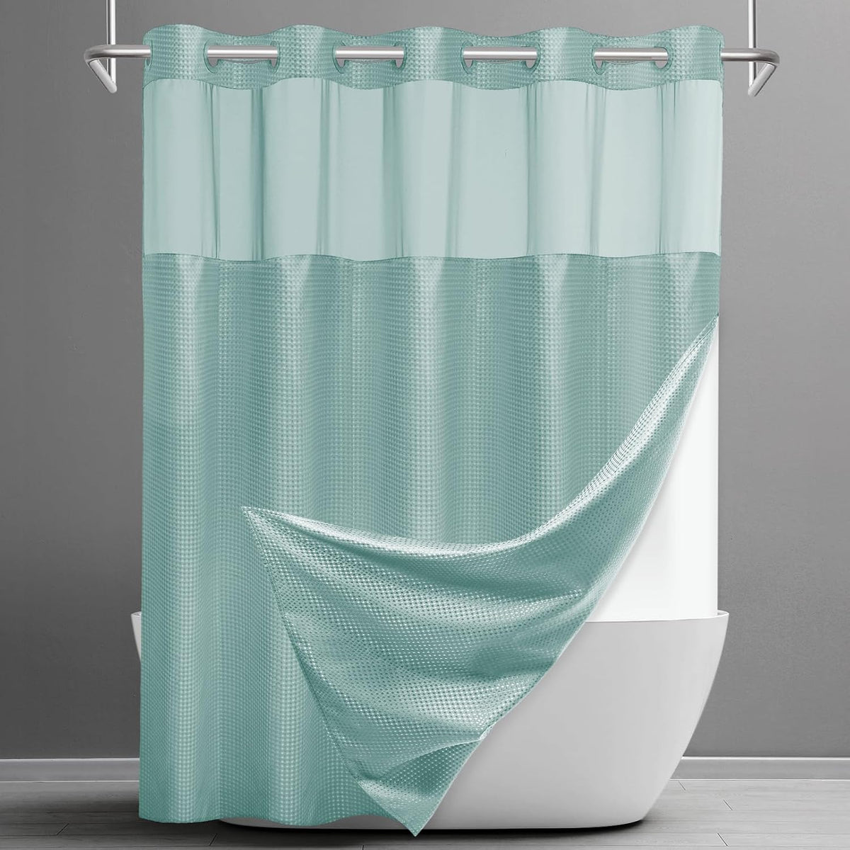No Hook Waffle Shower Curtain with Snap in Liner Set, 71x74, Grey