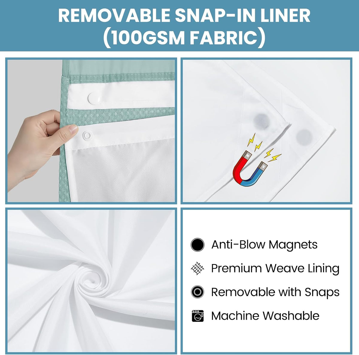 No Hook Waffle Shower Curtain with Snap in Liner Set, 71x74, Grey
