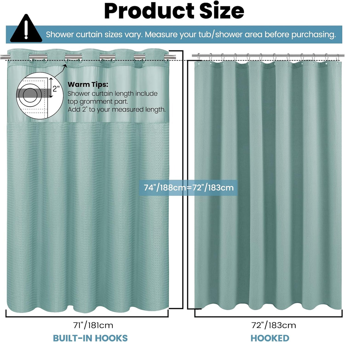 No Hook Waffle Shower Curtain with Snap in Liner Set, 71x74, Grey