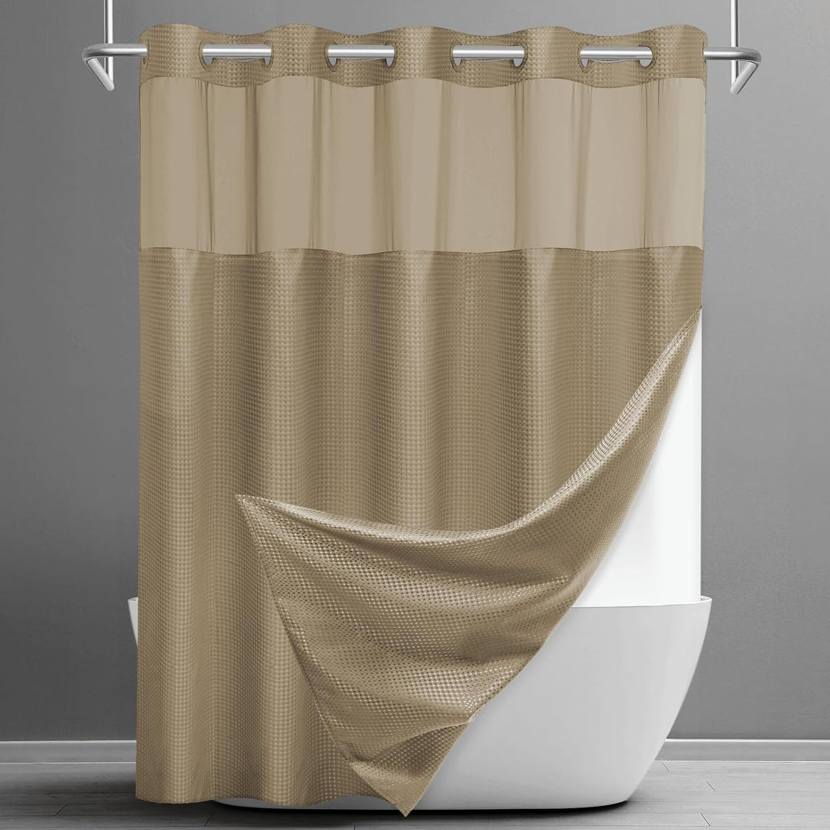 No Hook Waffle Shower Curtain with Snap in Liner Set, 71x74, Grey