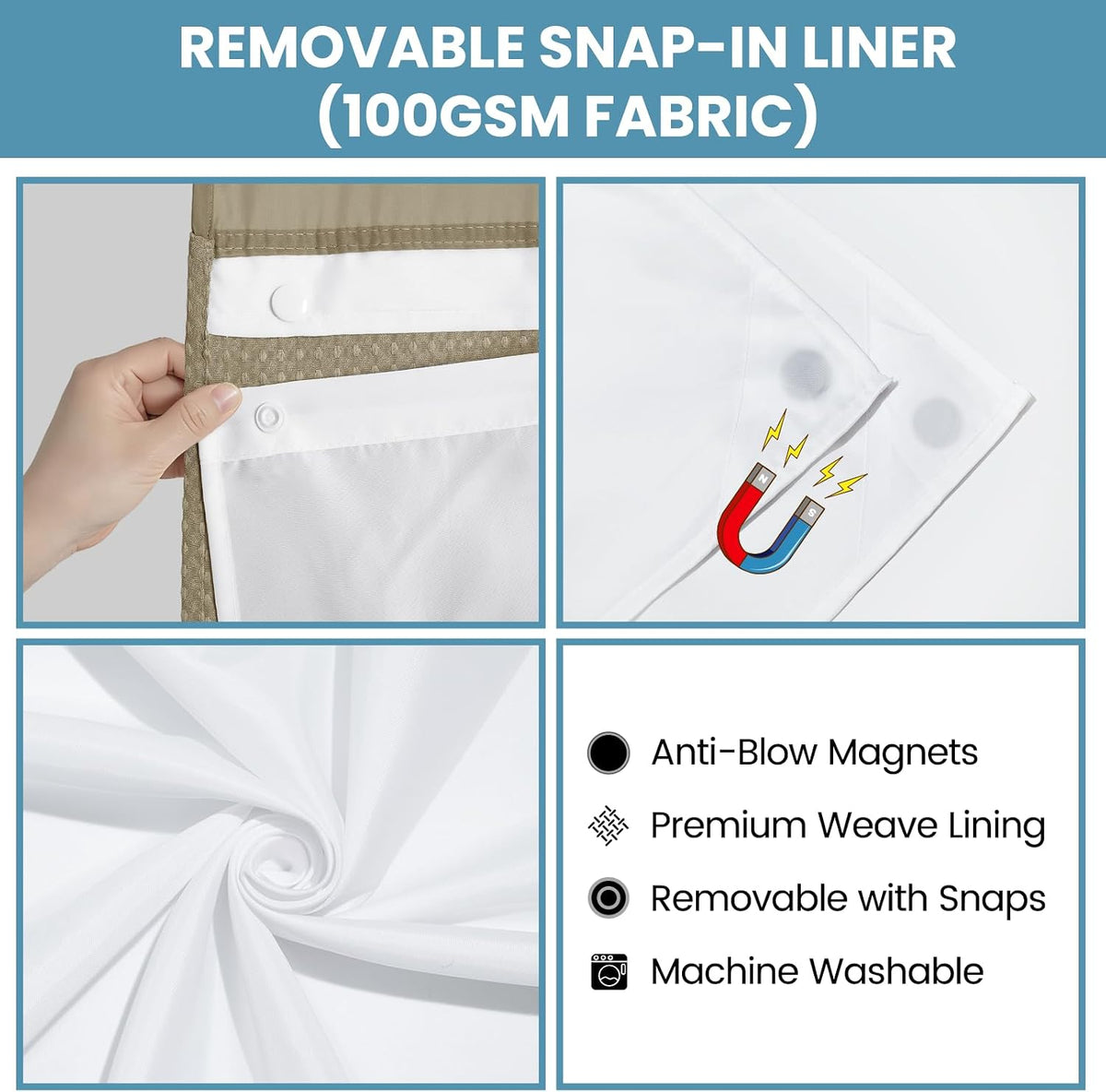 No Hook Waffle Shower Curtain with Snap in Liner Set, 71x74, Grey