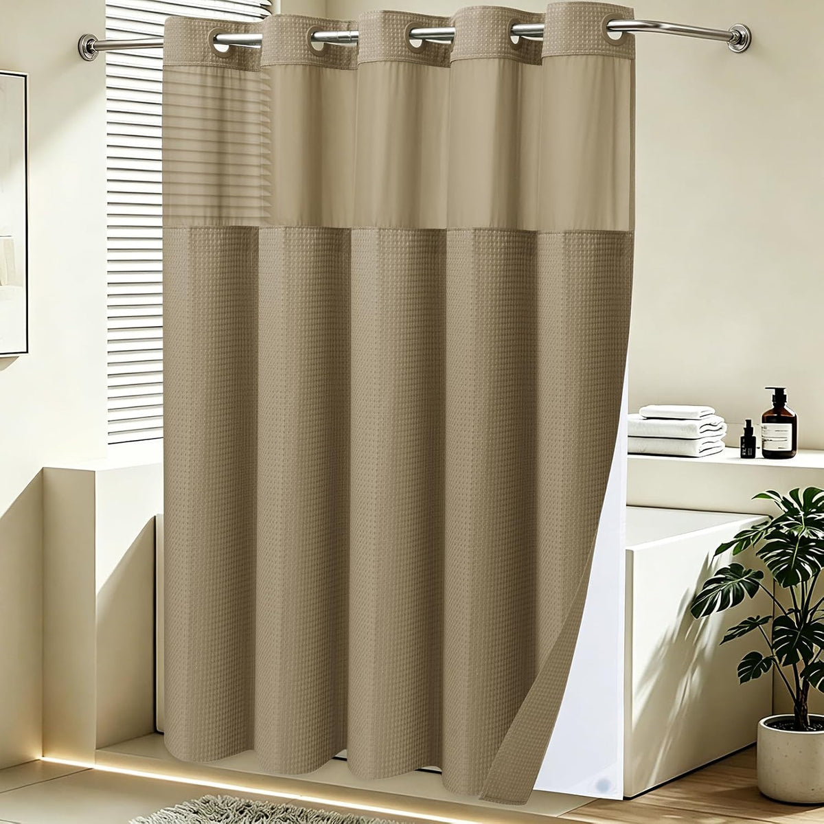 No Hook Waffle Shower Curtain with Snap in Liner Set, 71x74, Grey