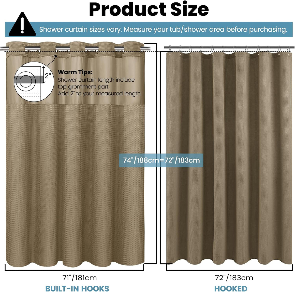 No Hook Waffle Shower Curtain with Snap in Liner Set, 71x74, Grey
