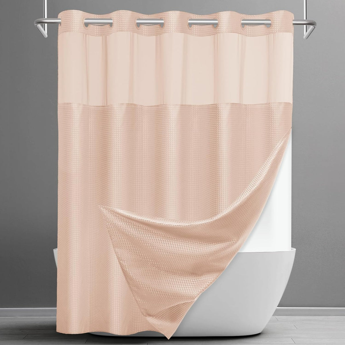 No Hook Waffle Shower Curtain with Snap in Liner Set, 71x74, Grey
