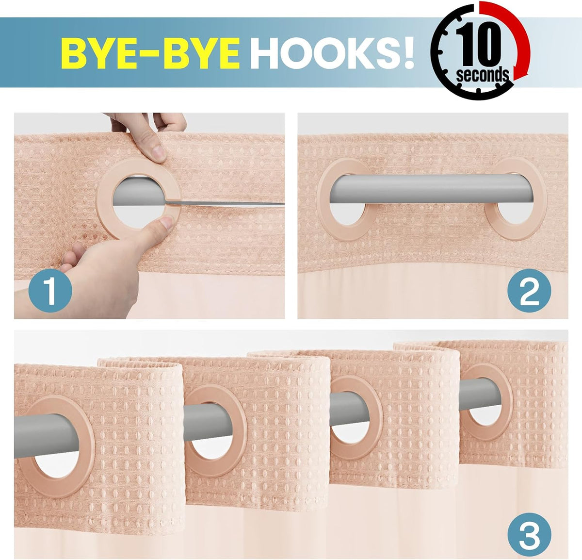 No Hook Waffle Shower Curtain with Snap in Liner Set, 71x74, Grey
