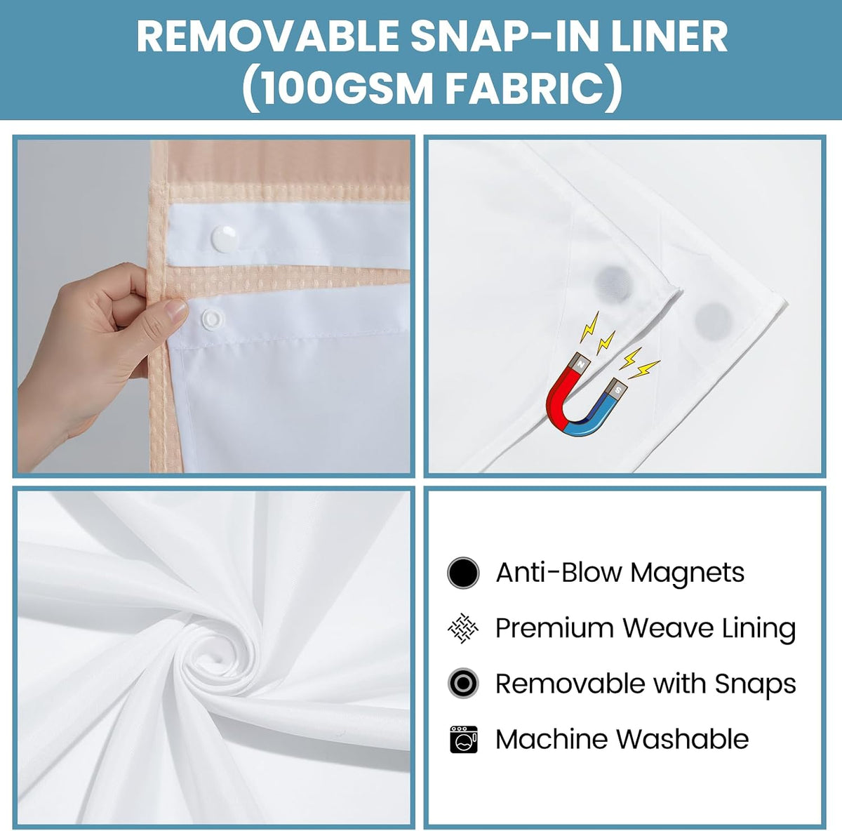 No Hook Waffle Shower Curtain with Snap in Liner Set, 71x74, Grey