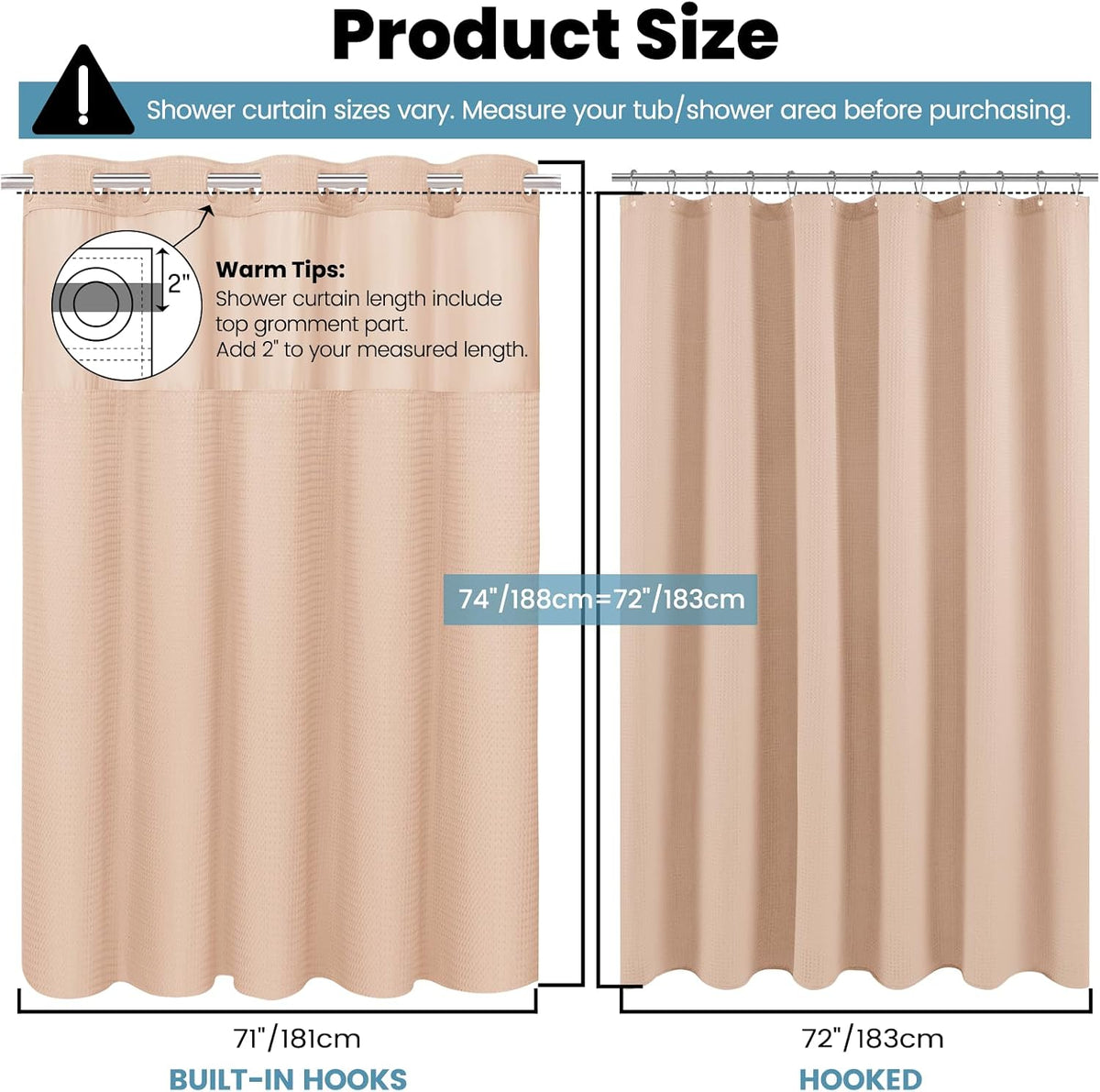 No Hook Waffle Shower Curtain with Snap in Liner Set, 71x74, Grey