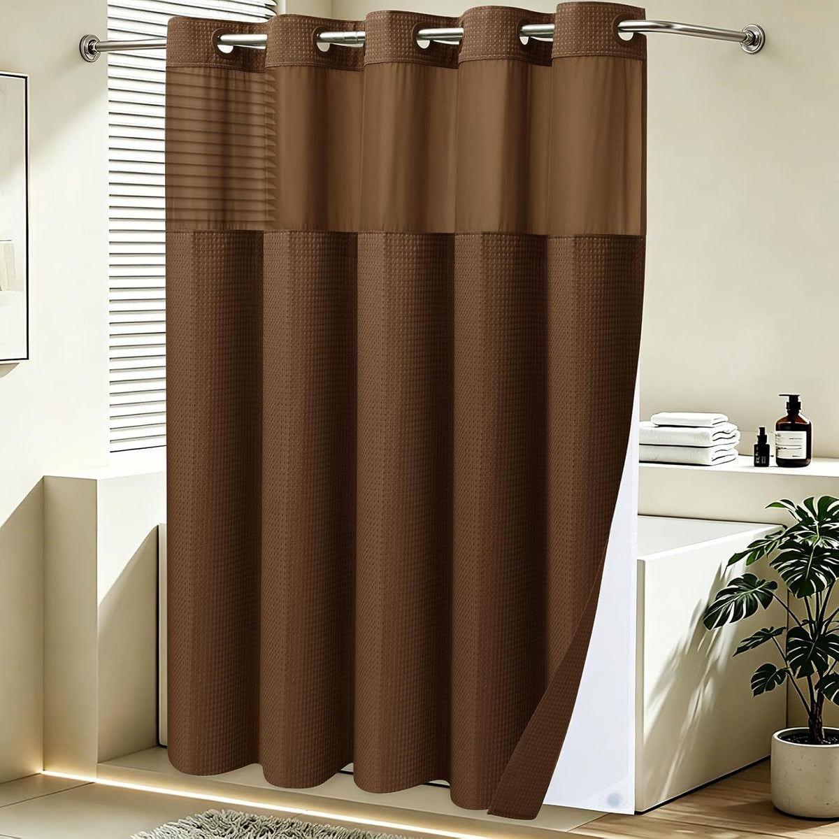 No Hook Waffle Shower Curtain with Snap in Liner Set, 71x74, Grey