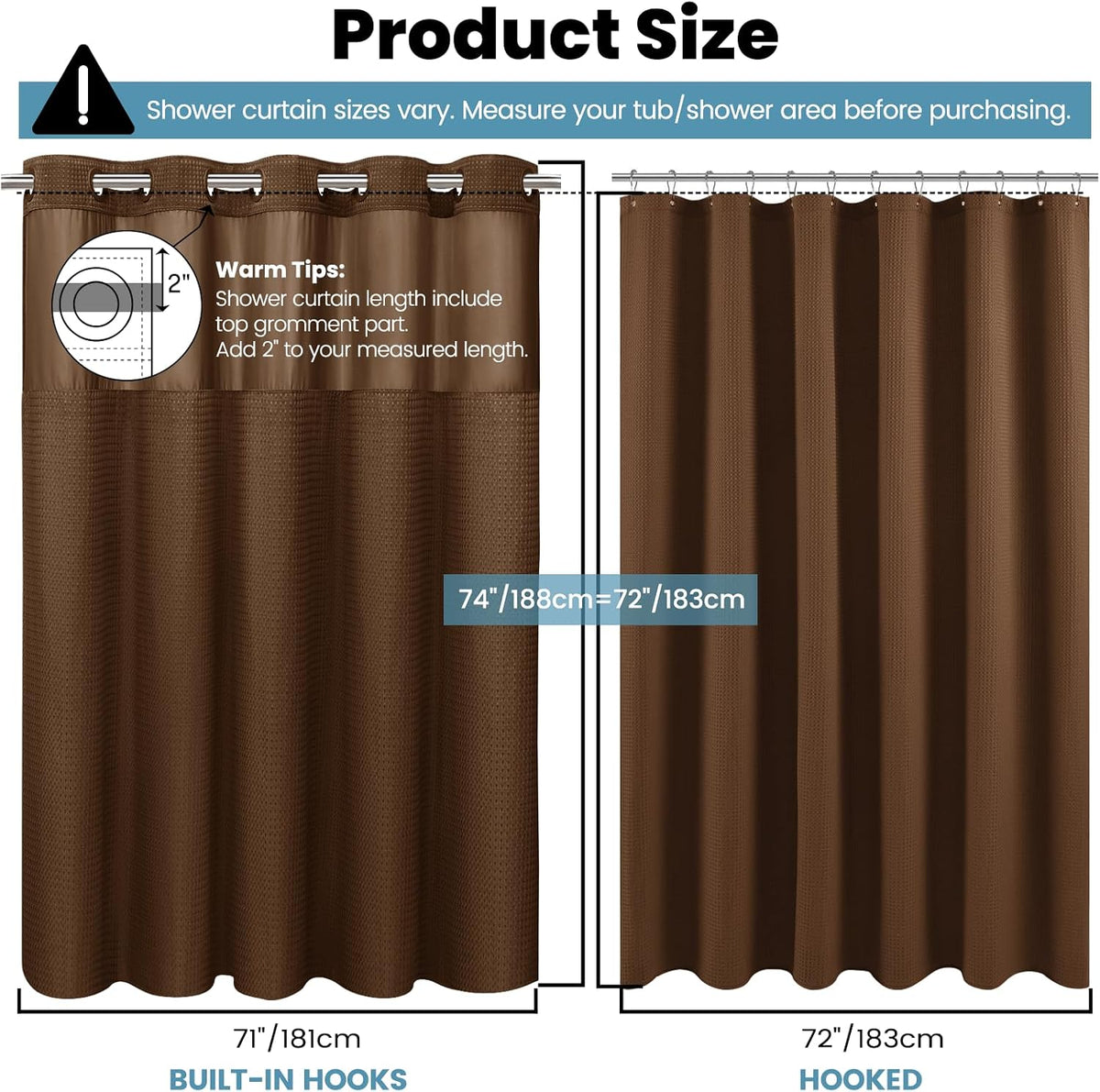 No Hook Waffle Shower Curtain with Snap in Liner Set, 71x74, Grey