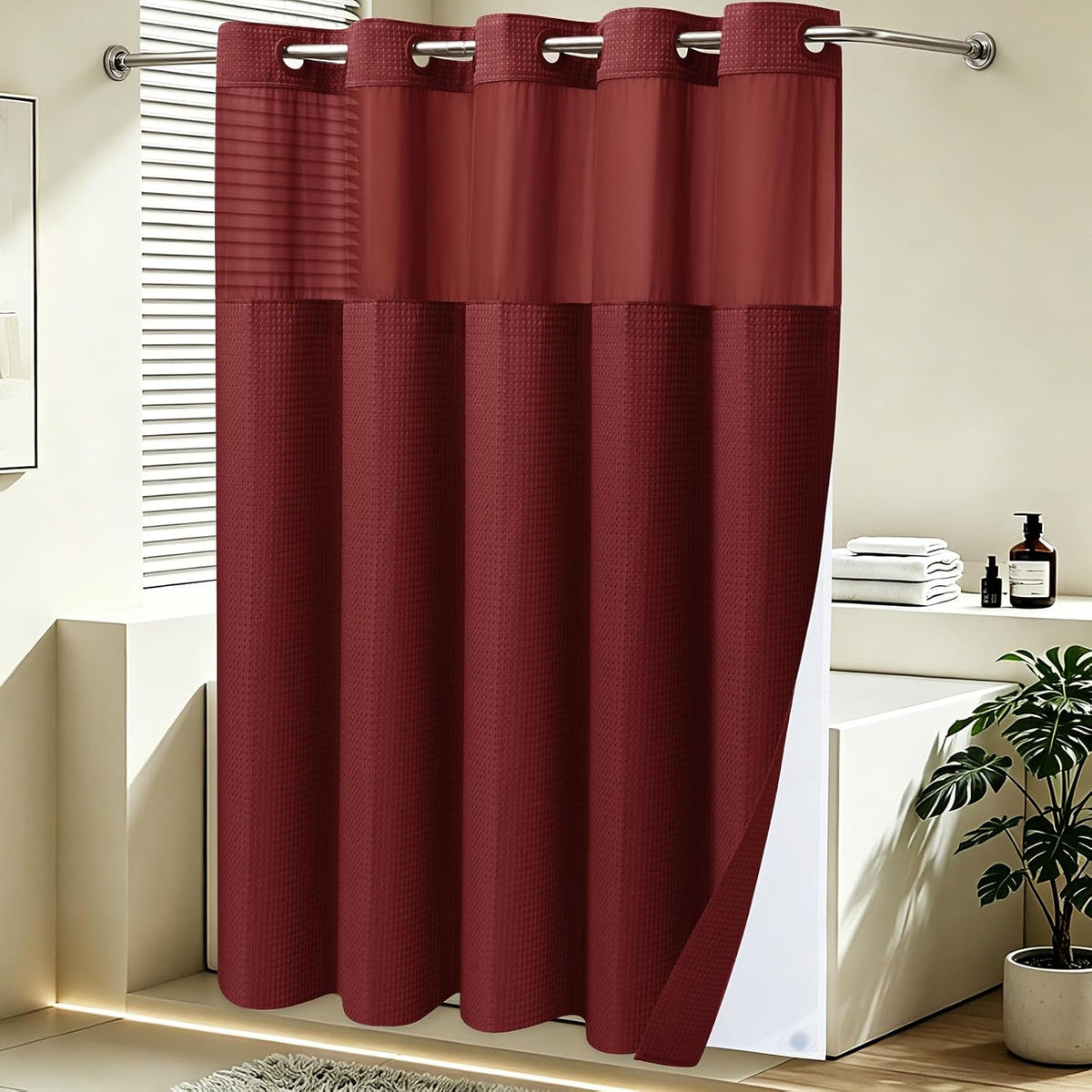 No Hook Waffle Shower Curtain with Snap in Liner Set, 71x74, Grey