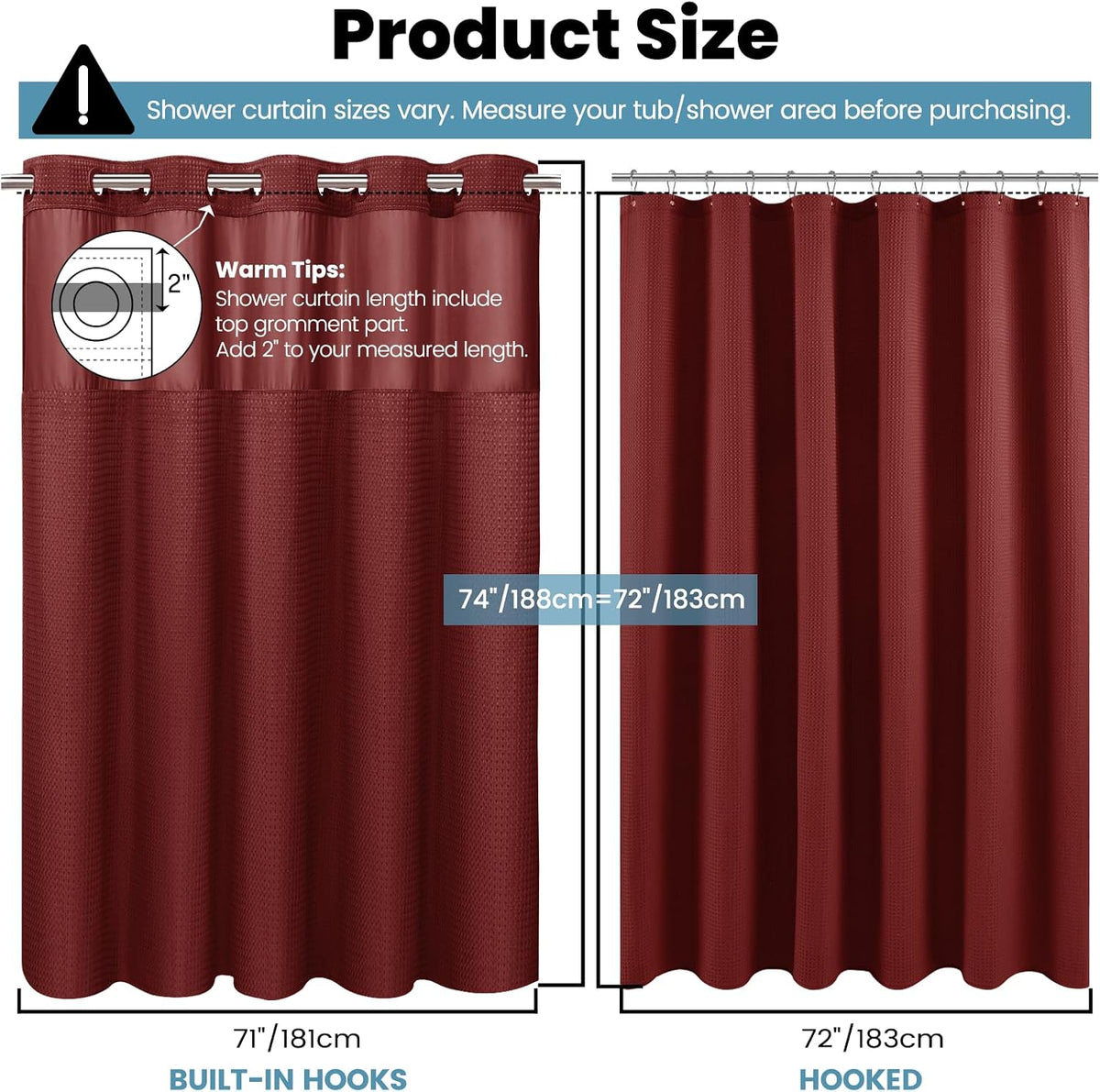 No Hook Waffle Shower Curtain with Snap in Liner Set, 71x74, Grey