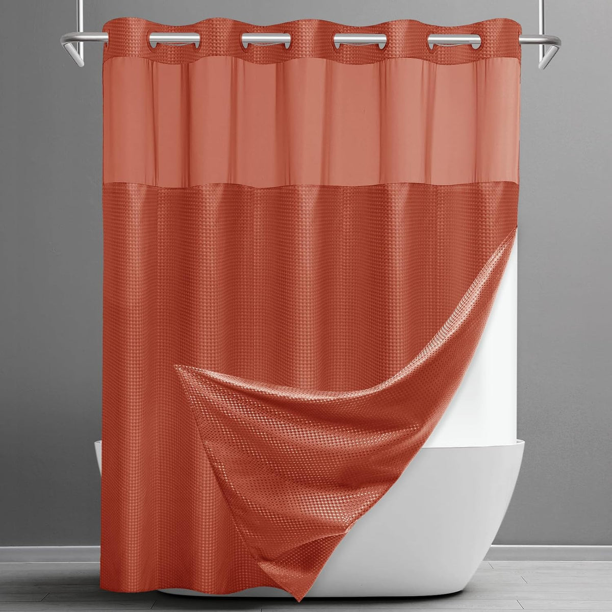 No Hook Waffle Shower Curtain with Snap in Liner Set, 71x74, Grey