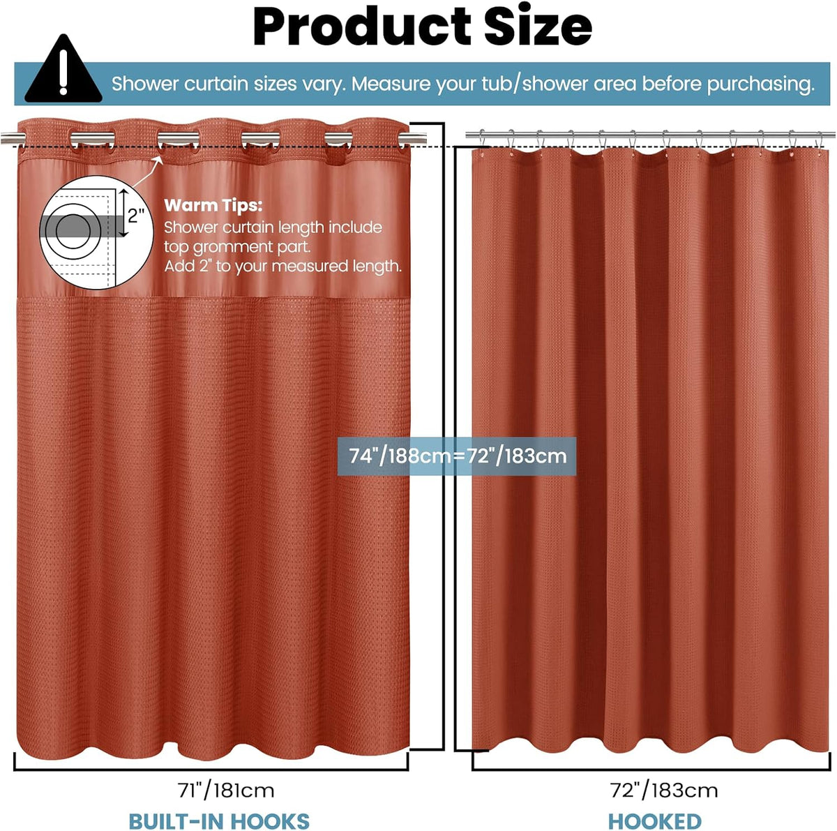 No Hook Waffle Shower Curtain with Snap in Liner Set, 71x74, Grey
