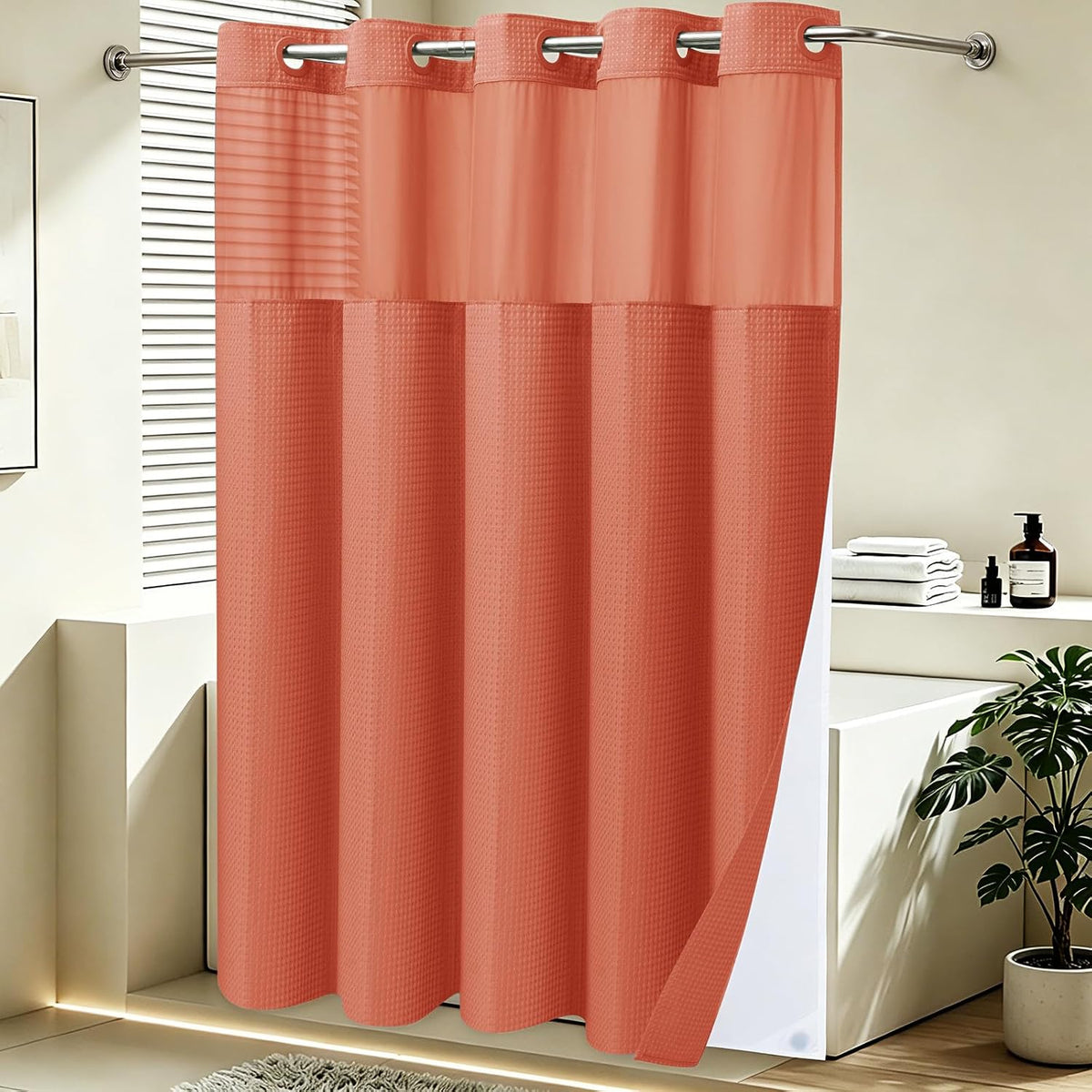 No Hook Waffle Shower Curtain with Snap in Liner Set, 71x74, Grey