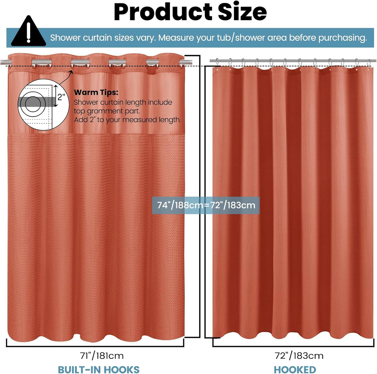 No Hook Waffle Shower Curtain with Snap in Liner Set, 71x74, Grey
